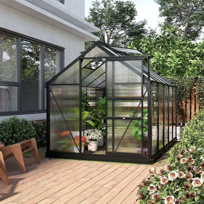 Outsunny 6 x 10 ft Walk-In Polycarbonate Greenhouse with Sliding Door, Galvanised Base & Aluminium Frame - Grey - Green4Life