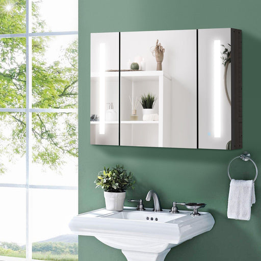 kleankin LED Bathroom Cabinet with 3 Mirrored Doors and Adjustable Shelves - Black - Green4Life
