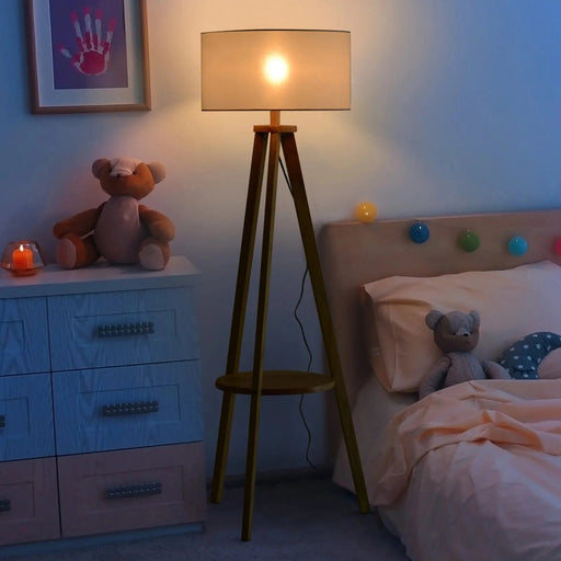 Free Standing Tripod Floor Lamp - Natural Wood & Beige - Green4Life