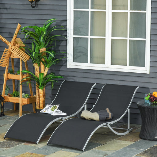 Set of 2 Curved Folding & Reclining Sun Loungers - Black - Outsunny - Green4Life