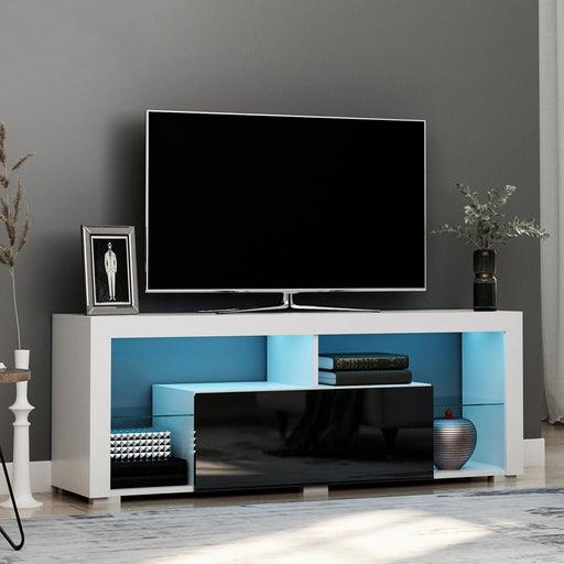 TV Stand Cabinet with High Gloss Finish, LED Lights & Storage Shelves for 55 inch TVs - Black/White - Green4Life