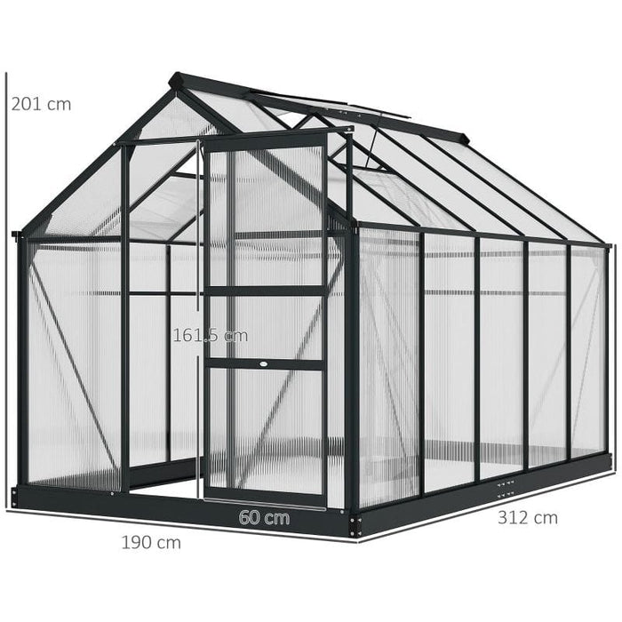 Outsunny 6 x 10 ft Walk-In Polycarbonate Greenhouse with Sliding Door, Galvanised Base & Aluminium Frame - Grey - Green4Life