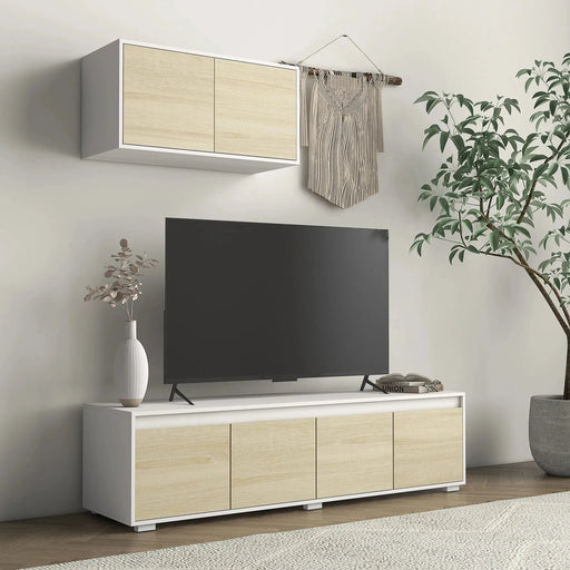 Set of Wall Mounted & Freesanding TV Units with Adjustable Shelves - White/Natural - Green4Life
