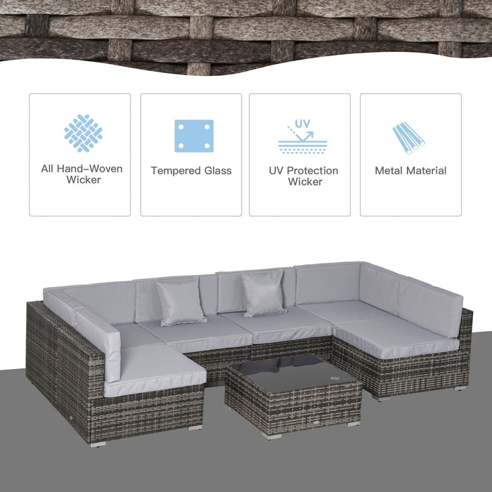 Outsunny 6 Seater Rattan Garden Furniture Sofa Set with Coffee Table, Cushions and Pillows - Mixed Grey - Green4Life