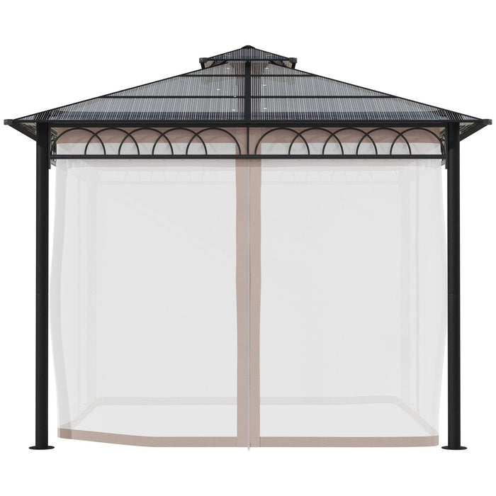 Outsunny 3 x 3 (m) Gazebo with Polycarbonate Double Roof Hard Top with Nettings and Curtains - Green4Life