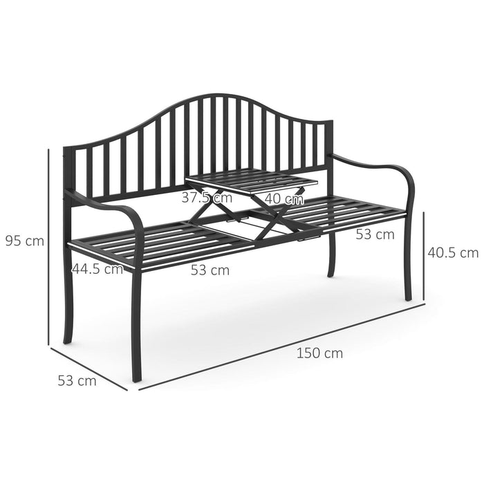 Outsunny 2 Seater Outdoor Metal Frame Bench with Foldable Middle Table - Black - Green4Life