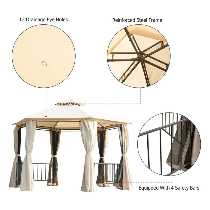 Outsunny 3 x 3(m) Hexagonal Gazebo with 2-Tier Roof, Curtains & Nets - Beige - Green4Life