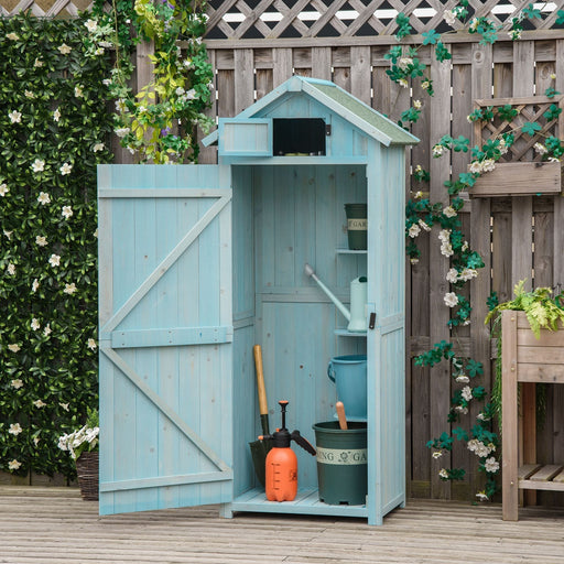 Outsunny Fir Wood Shed with 3 Shelves 77 x 54 x 179cm - Blue - Green4Life