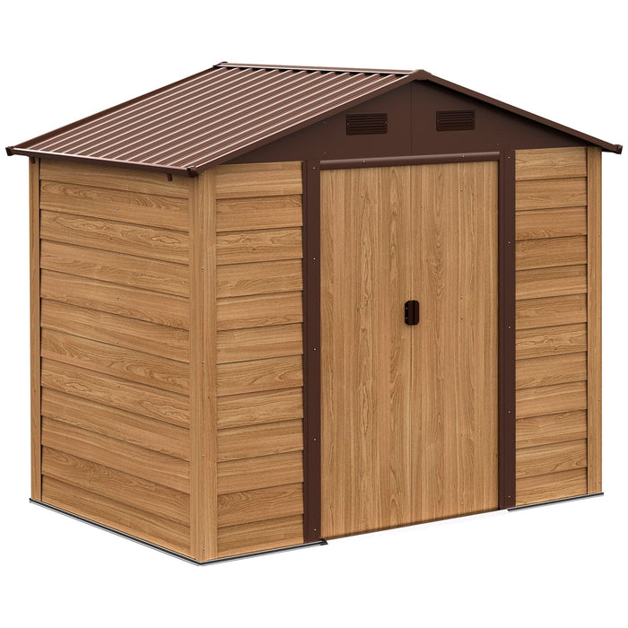 Outsunny 7.7 x 6.4ft Steel Wood Effect Garden Shed with Foundation - Brown - Green4Life