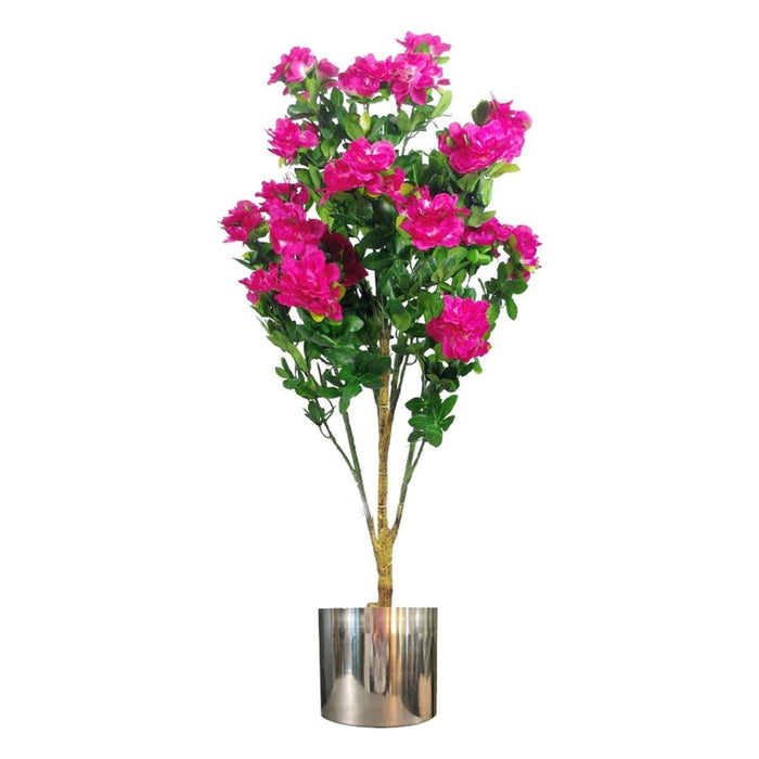 100cm Premium Artificial Azalea Pink Flowers Potted Plant with Silver Metal Planter - Green4Life