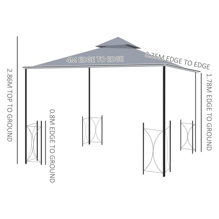 Outsunny 4 x 3.35(m) Gazebo with 2 Tier Roof, Netting and Curtains, Steel Frame - Grey - Green4Life