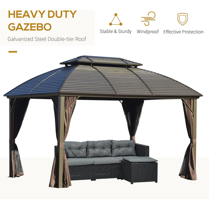 3.65 x 3(m) Steel Hardtop Roof Gazebo with Aluminum Frame, Netting and Curtains - Brown - Green4Life