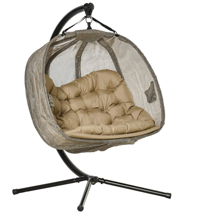 Outsunny 2-Seater Hanging Egg Chair with Stand, Cushion and Folding Design - Brown - Green4Life