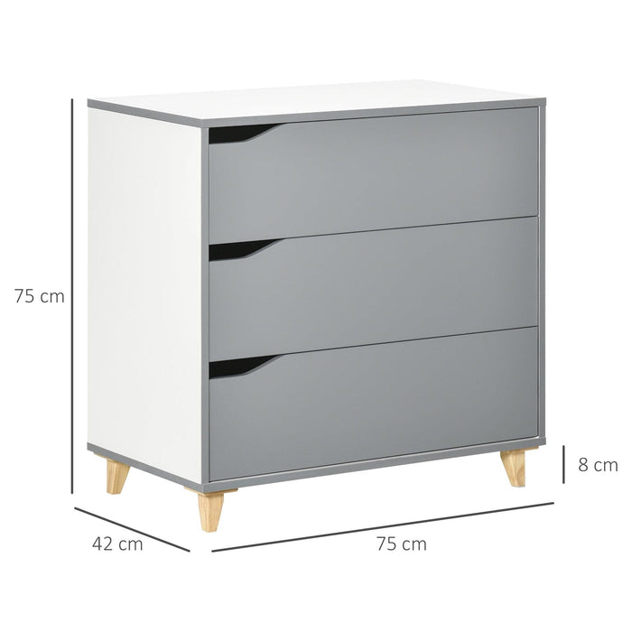 HOMCOM 3-Drawer Storage Cabinet Unit with Pine Wood Legs 75cmx42cmx75cm - Grey/White - Green4Life