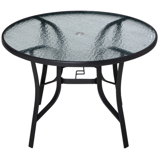 106cm Round Garden Dining Table with Parasol Hole ,Tempered Glass Top and Steel Frame in Black - Green4Life