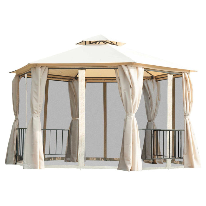 Outsunny 3 x 3(m) Hexagonal Gazebo with 2-Tier Roof, Curtains & Nets - Beige - Green4Life