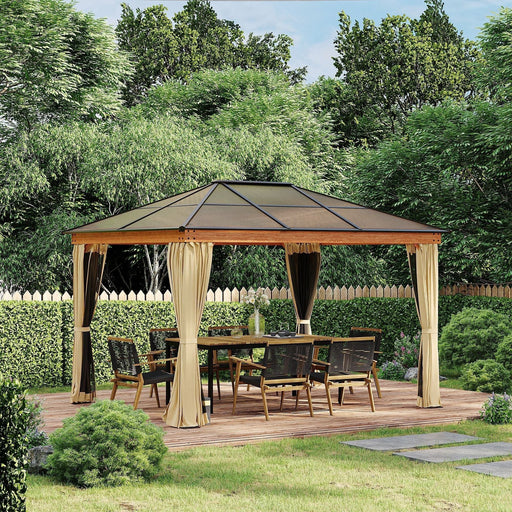 3 x 3.6 m Hardtop Gazebo with Polycarbonate Roof, Aluminium and Steel Frame, Nettings and Side Curtains - Khaki - Green4Life