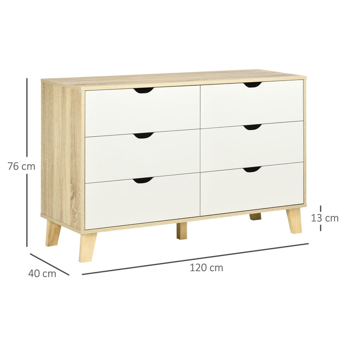 HOMCOM Wide Chest of Drawers, 6-Drawer Storage Organiser with Wooden Legs - White/Light Brown - Green4Life