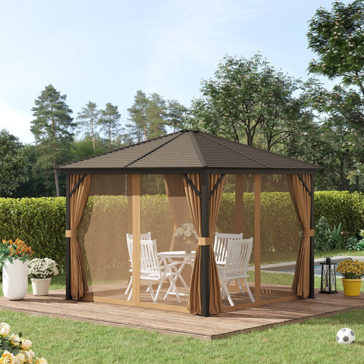 Outsunny 3 x 3 M Hardtop Gazebo with Metal Roof, Aluminium Framing & Mesh Curtains - Brown - Green4Life