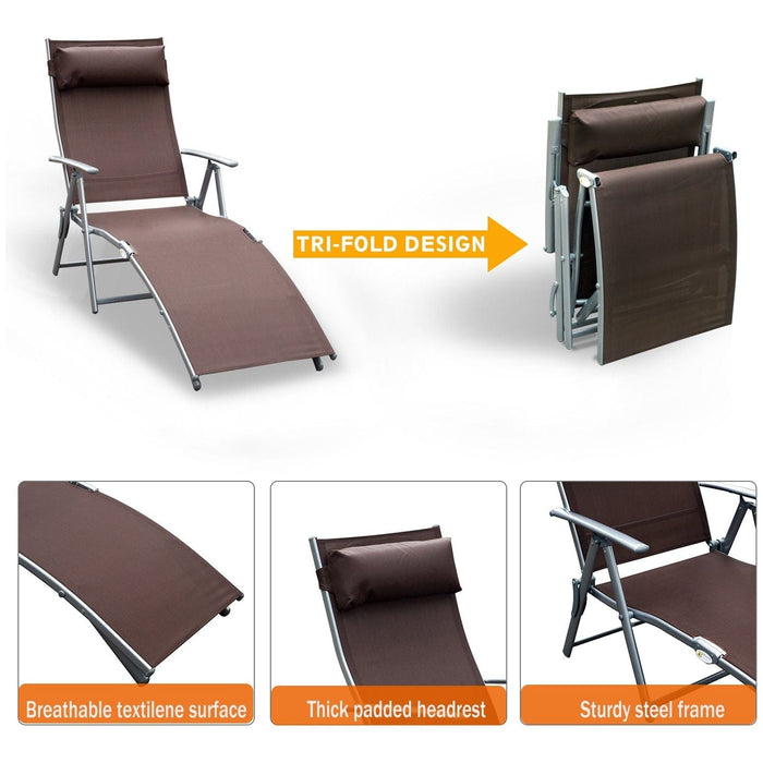 Foldable Recliner Sun Lounger with Headrest & 5 Levels Adjustable Backrest - Brown - Green4Life