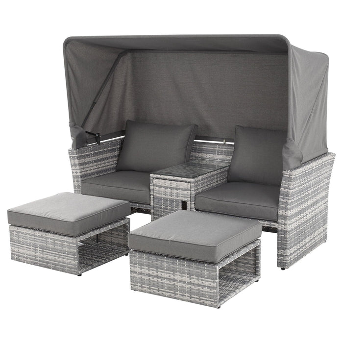 Outsunny 2-Seater Outdoor Rattan Daybed Sofa Set with Canopy - Grey - Green4Life