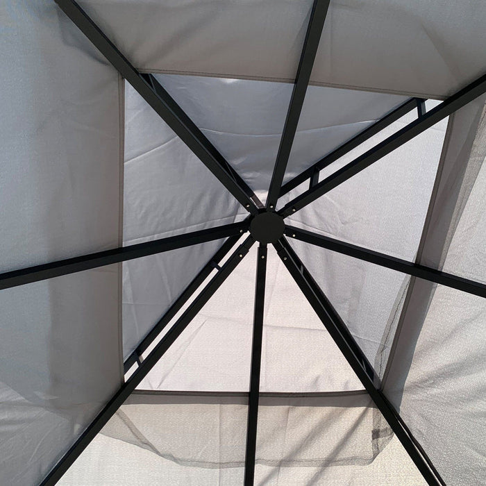 Outsunny 4 x 3.35(m) Gazebo with 2 Tier Roof, Netting and Curtains, Steel Frame - Grey - Green4Life