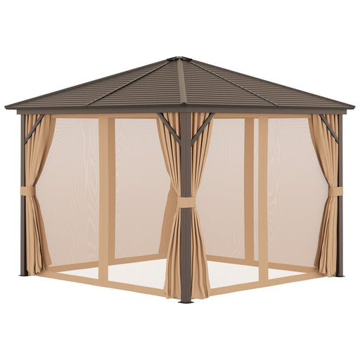 Outsunny 3 x 3 M Hardtop Gazebo with Metal Roof, Aluminium Framing & Mesh Curtains - Brown - Green4Life