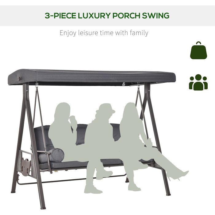 Outsunny 3 Seater Garden Swing Chair with Adjustable Canopy, Cushions and Cup Trays - Grey - Green4Life