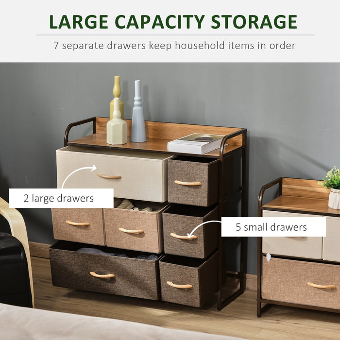 HOMCOM 7-Drawer Dresser 3-Tier Organiser with Steel Frame, Wooden Top & Fabric Drawers - Brown/Grey - Green4Life