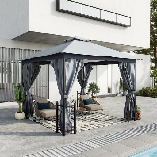 Outsunny 4 x 3.35(m) Gazebo with 2 Tier Roof, Netting and Curtains, Steel Frame - Grey - Green4Life