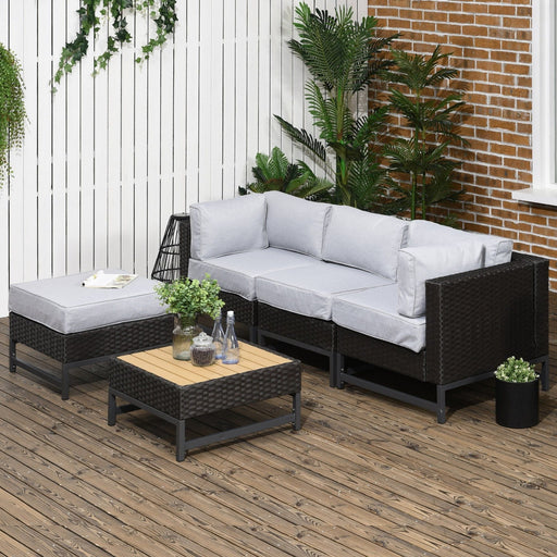 Outsunny 5 Piece Outdoor PE Rattan Corner Sofa Set w/ Thick Padded Cushions & Wood-Effect Plastic Top Table - Black/Brown - Green4Life