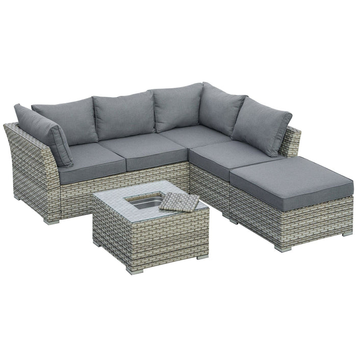 Outsunny 5-Seater PE Rattan Sectional Sofa Set with Padded Cushions and Ice Bucket Side Table - Light Grey - Green4Life