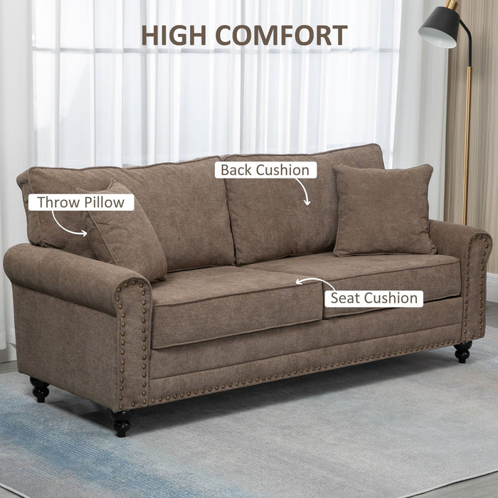 HOMCOM 2 Seater Sofa with Nailhead Trim and Throw Pillows - Brown - Green4Life
