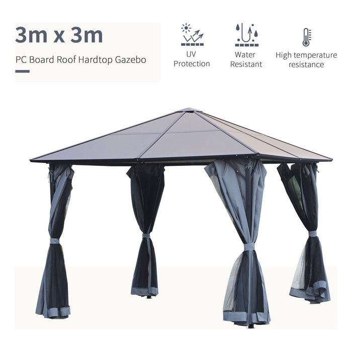 4 x 3(m) Garden Aluminium Gazebo Hardtop Roof with Mesh Curtains - Grey - Green4Life