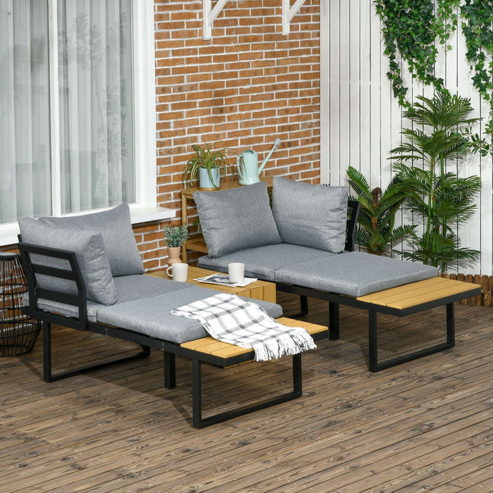 4-Seater Garden Sofa Set with Padded Cushions, Wood Grain Plastic Top Table and Side Panel - Dark Grey - Green4Life