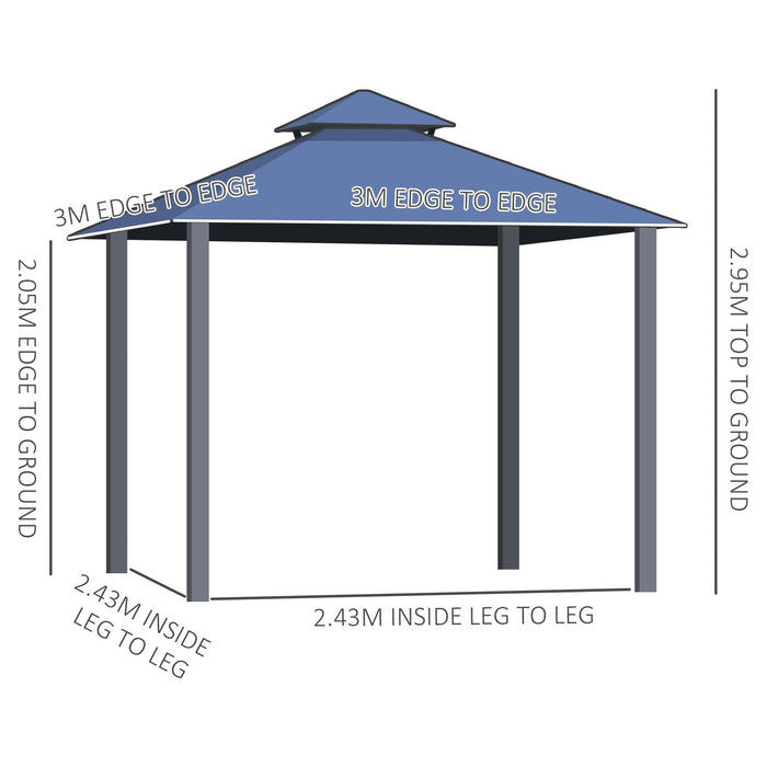 Outsunny 3 x 3(m) Polycarbonate Hardtop Gazebo with Double-Tier Roof and Aluminium Frame, Netting and Curtains - Black/Grey - Green4Life