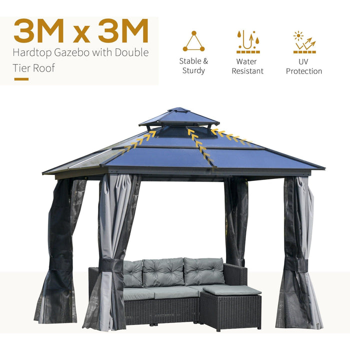 Outsunny 3 x 3(m) Polycarbonate Hardtop Gazebo with Double-Tier Roof and Aluminium Frame, Netting and Curtains - Black/Grey - Green4Life