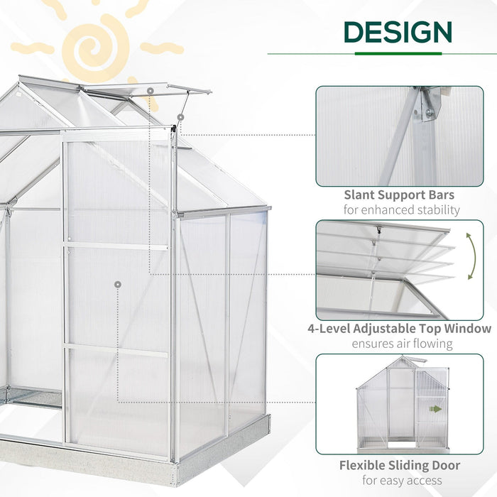 Outsunny 4x6ft Walk-In Polycarbonate Greenhouse with Aluminium Frame, Side Window & Sliding Door - Clear - Green4Life