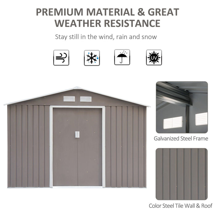 Outsunny 9 x 6 ft Metal Shed with Foundation and Ventilation Slots - Grey - Green4Life