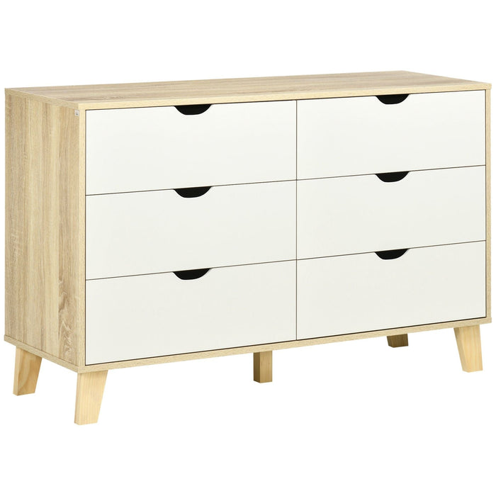 HOMCOM Wide Chest of Drawers, 6-Drawer Storage Organiser with Wooden Legs - White/Light Brown - Green4Life