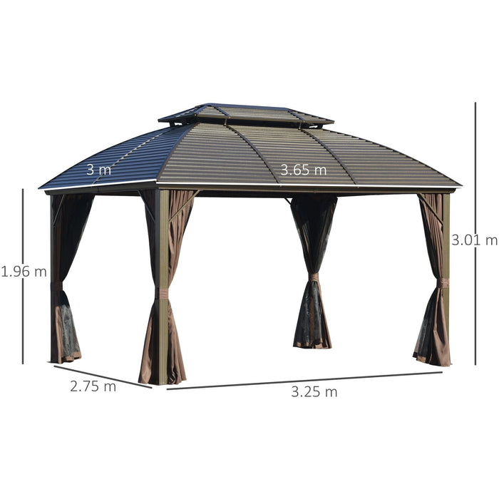 3.65 x 3(m) Steel Hardtop Roof Gazebo with Aluminum Frame, Netting and Curtains - Brown - Green4Life