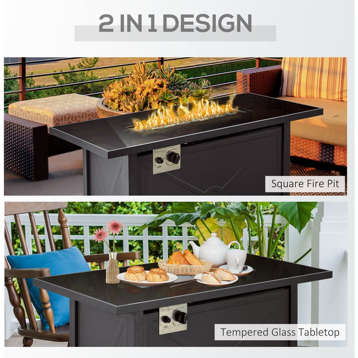 Outsunny Propane Gas Smokeless Fire Pit Table with Tempered Glass Tabletop, Glass Beads & Cover, 109cm x 56cm x 64cm - Black - Green4Life