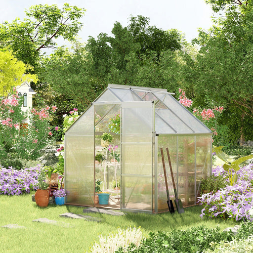 Outsunny 6x6ft Walk-In Polycarbonate Greenhouse with Aluminium Frame, Side Window & Sliding Door - Clear - Green4Life