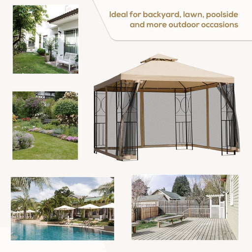 3x3m Garden Gazebo Tent with Netting and 2-Tier Roof - Beige/Black - Green4Life