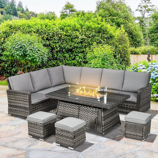 Outsunny 9-Seater Rattan Outdoor Dining Set with Fire Pit Table, Double Corner Sofa and 3 Footstools - Grey - Green4Life